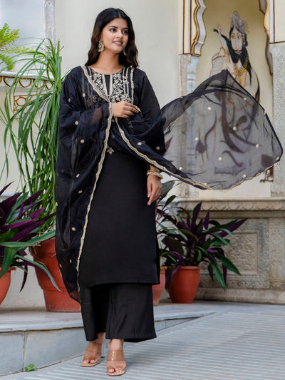 Indyancart VV Women's Embroidered Silk Blend Calf Length Straight Kurta with Palazzo & Dupatta Set