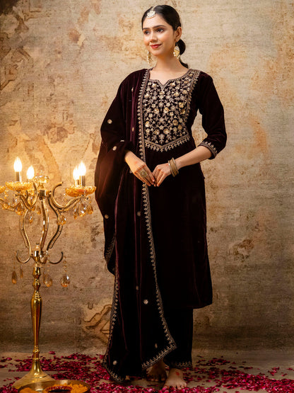 Dhiyona VV Women's Velvet Kurta Pant Dupatta Set