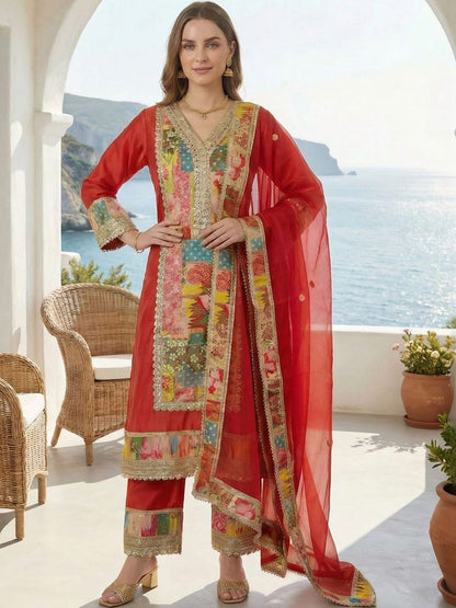 Indyancart IE Women Floral Printed Regular Gotta Patti Kurta with Palazzos & With Dupatta