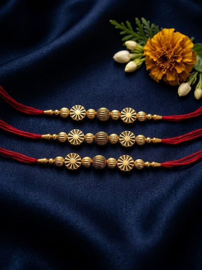Dhiyona Set Of 3 Red & Gold Toned Artificial Stones & Beads Thread Rakhi With Roli Chawal