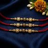 Dhiyona Set Of 3 Red & Gold Toned Artificial Stones & Beads Thread Rakhi With Roli Chawal