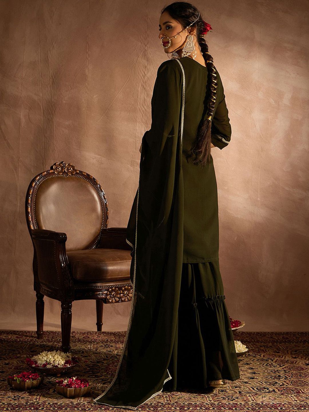 Indyancart IE Ethnic Motifs Embroidered Sequinned Straight Kurta With Sharara & Dupatta