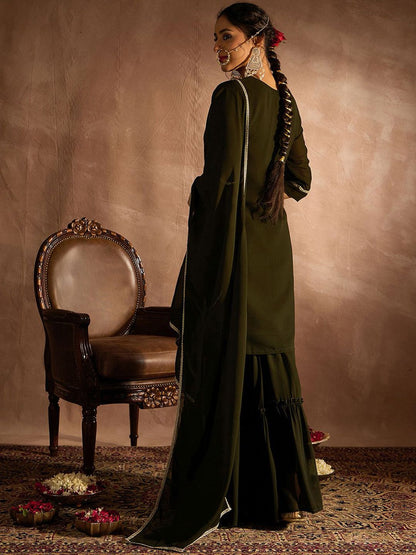 Indyancart IE Ethnic Motifs Embroidered Sequinned Straight Kurta With Sharara & Dupatta