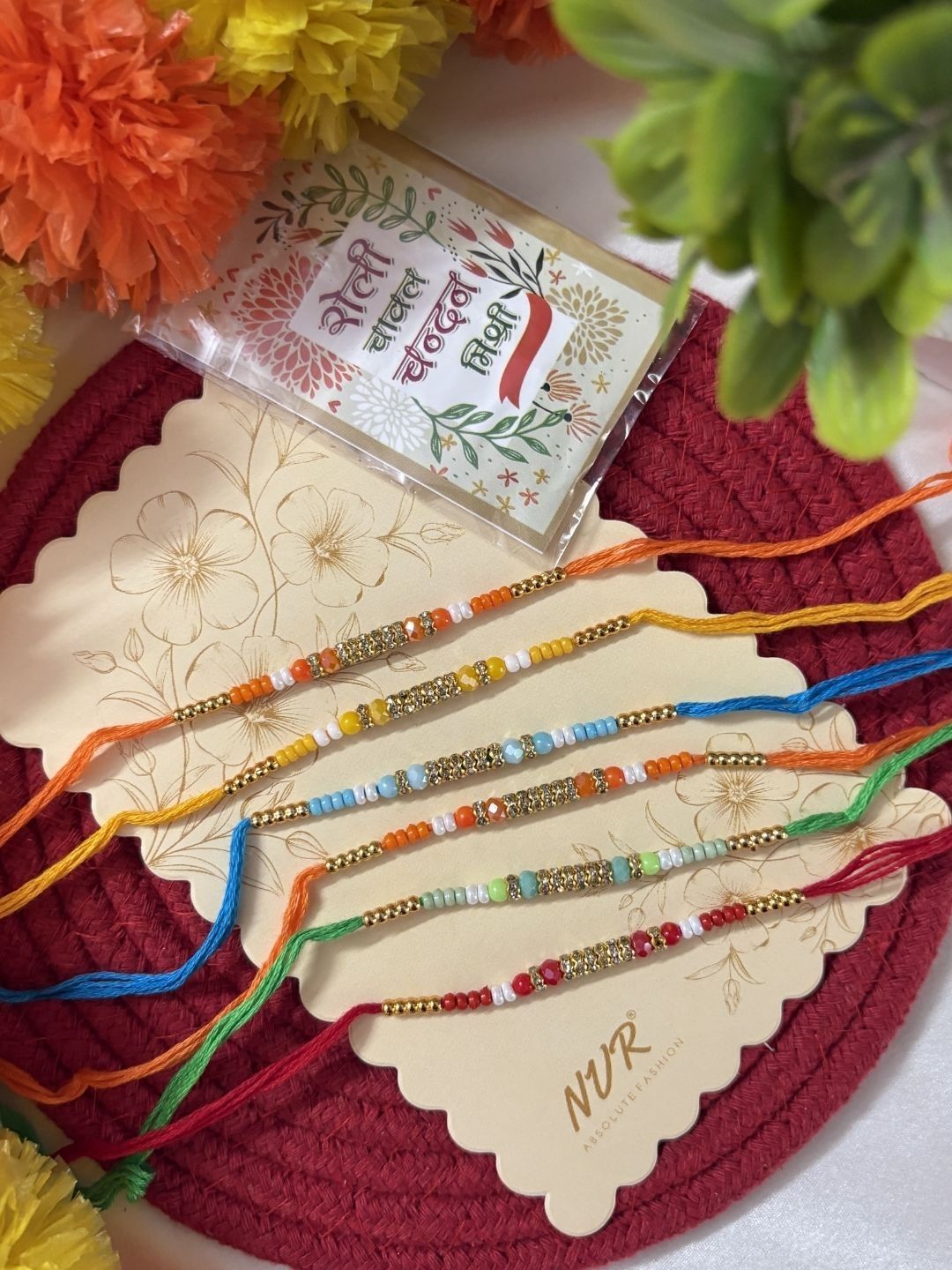 Anouk Set Of 6 Multi Artificial Beads Thread Rakhi With Roli Chawal Chandan Mishri