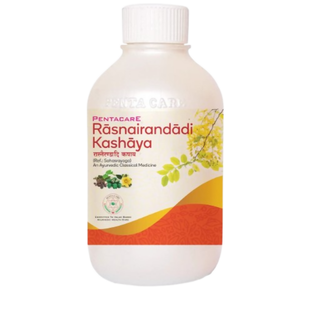 Pentacare Ayurveda Rasnaerandadi Kashayam in a glass bottle, traditional herbal Kashayam for digestive health.