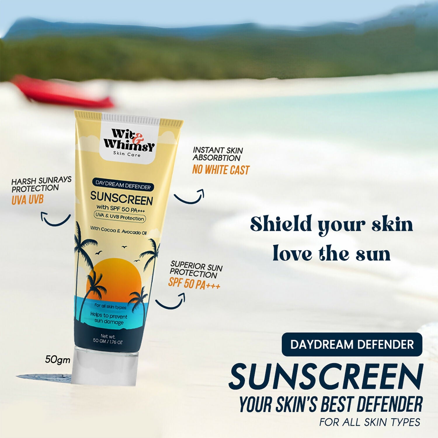 Wit and Whimsy SPF 50 PA+++ sunscreen with cocoa and avocado oil, providing sun protection and skin nourishment.