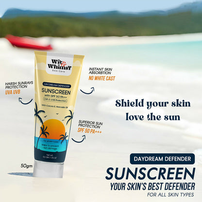 Wit and Whimsy SPF 50 PA+++ sunscreen with cocoa and avocado oil, providing sun protection and skin nourishment.