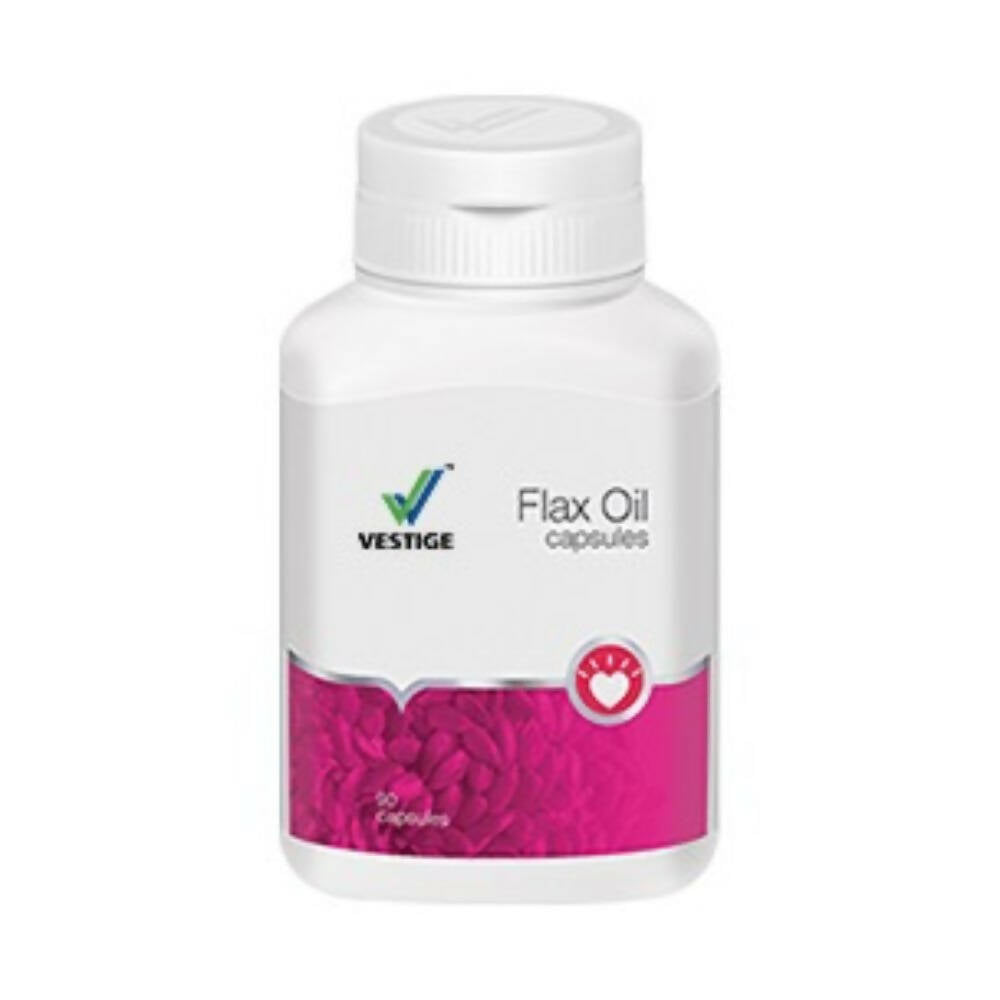 Vestige Flax Oil Capsules, Ayurvedic supplement in clear capsules, showing golden flaxseed oil inside.