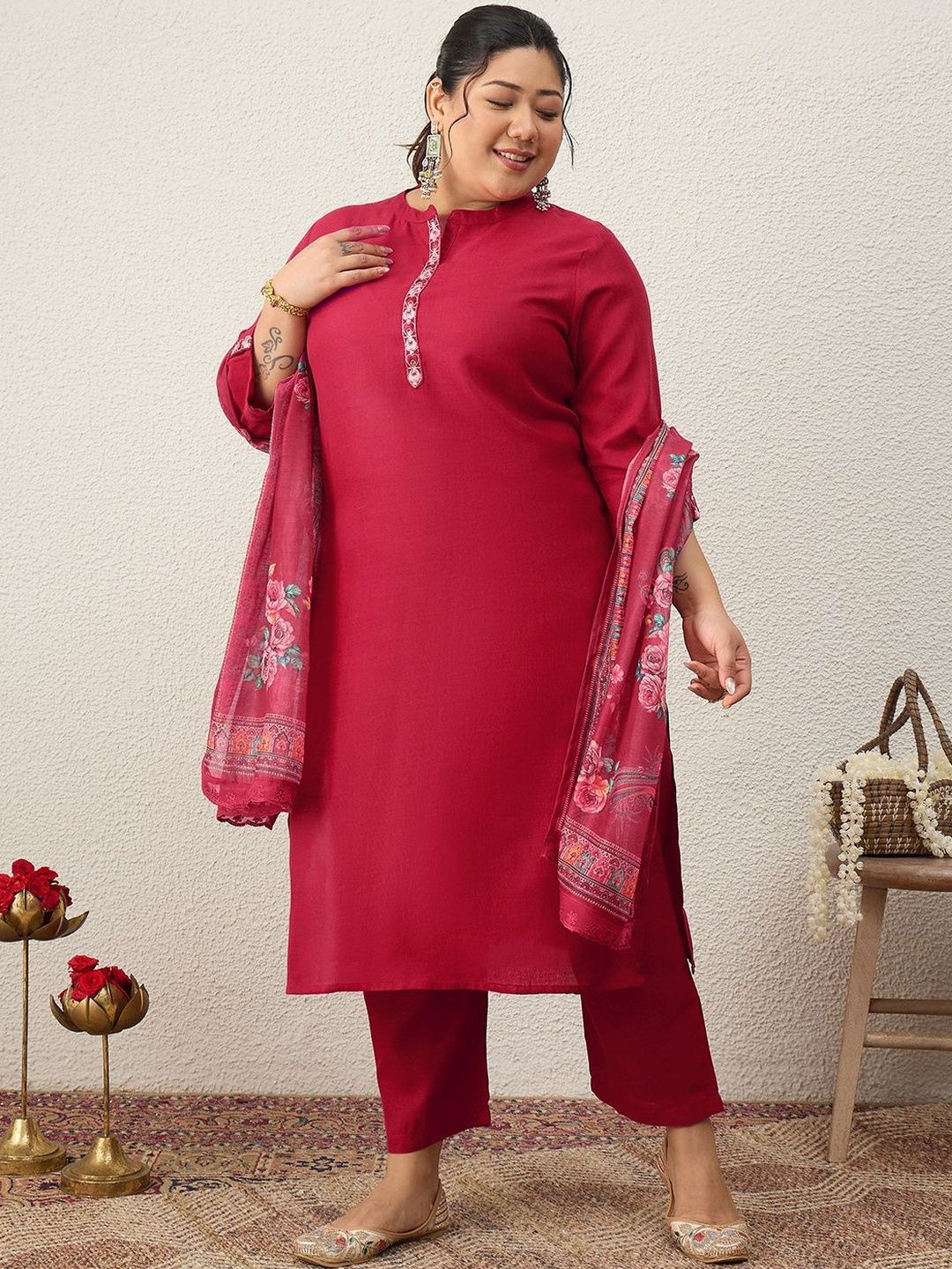 Indyancart Women's Ethnic Motifs Regular Thread Work Kurta with Trousers & With Dupatta