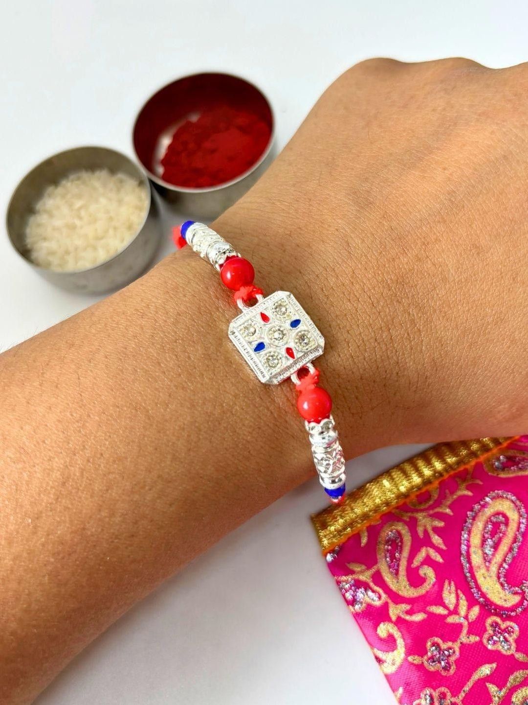 German Silver Stone Studded & Beaded Thread Rakhi Traditional Handmade Rakhi for Brother