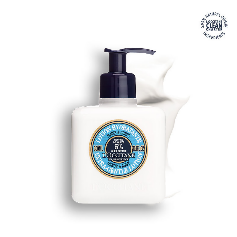 L'Occitane Shea Butter body lotion bottle showing creamy texture and soft, white packaging for gentle skin hydration
