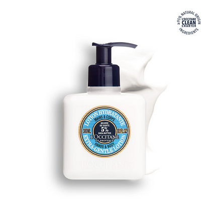 L'Occitane Shea Butter body lotion bottle showing creamy texture and soft, white packaging for gentle skin hydration