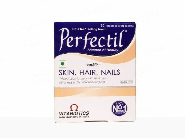 Perfectil Skin Hair Nail Supplement Tablets showing a blister pack of skin health supplement tablets.