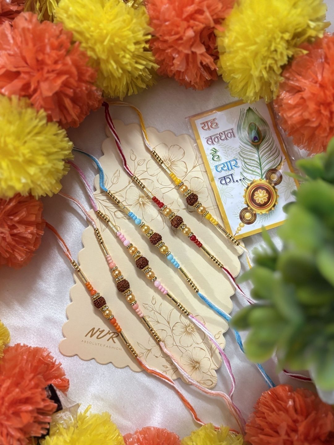 Anouk Set Of 6 Rudraksh & Artificial Beads Thread Rakhi With Roli Chawal Chandan Mishri