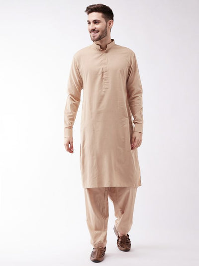 Men's Chiku Cotton Blend Pathani Kurta and Patiala Set