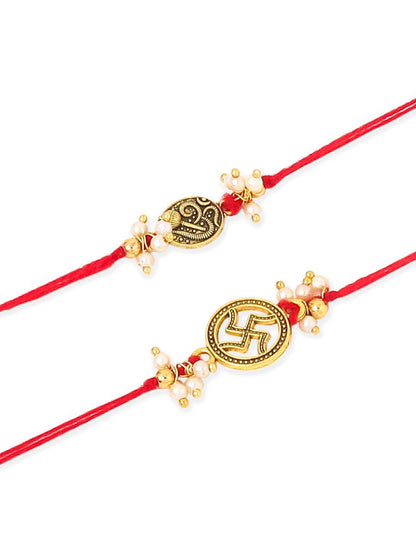 Anouk Men Set Of 2 Gold Toned Pearls Swastik Desgin Thread Rakhi With Roli Chawal