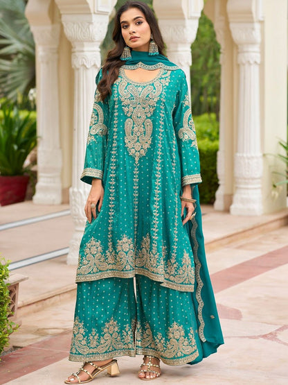 Indyancart IE Women Ethnic Motifs Embroidered Regular Thread Work Kurta with Sharara & With Dupatta
