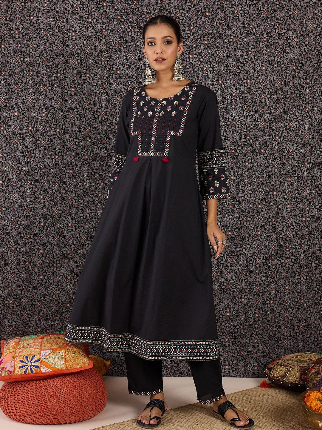 Floral Printed Thread Work Pure Cotton Kurta With Palazzos & Dupatta
