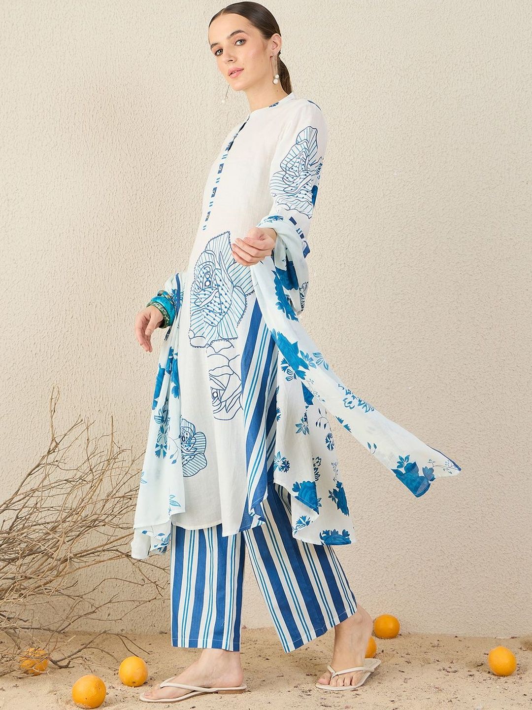 Women Floral Printed Cotton A-Line Kurta with Trousers & Dupatta