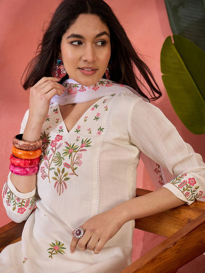 Indyancart SN Women's Floral Embroidered Thread Work Straight Kurta With Trousers And Dupatta