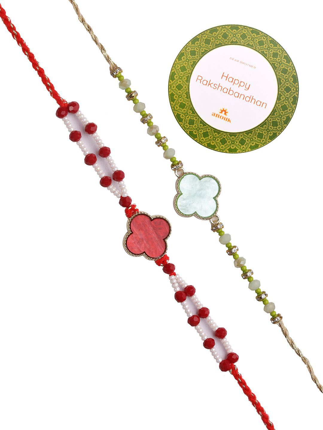 Anouk Set Of 2 Red Beaded Rakhi With Roli Rice & Greeting Card