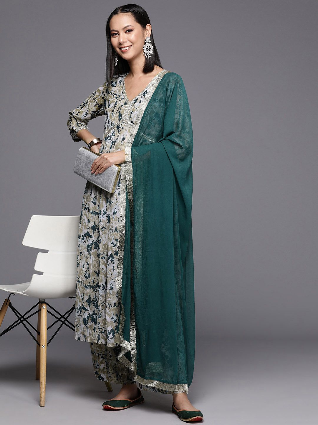 Dhiyona VA Women'sBeige Abstract Printed Empire Thread Work Silk Georgette Kurta & Trouser & Dupatta