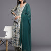 Dhiyona VA Women'sBeige Abstract Printed Empire Thread Work Silk Georgette Kurta & Trouser & Dupatta
