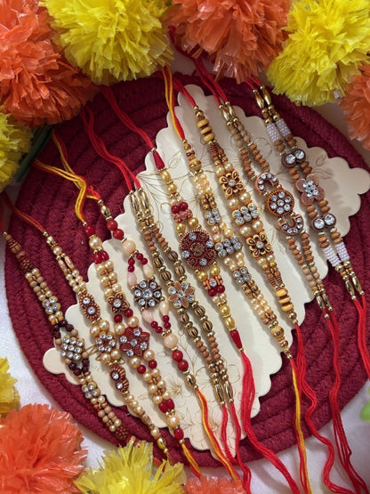 Anouk Set Of 10 Artificial Stones & Beads Thread Rakhi With Roli Chawal Chandan Mishri