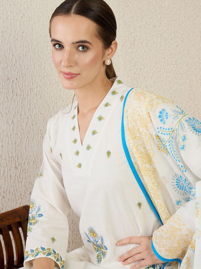 Floral Embroidered Thread Work Pure Cotton Kurta With Trouser & Dupatta