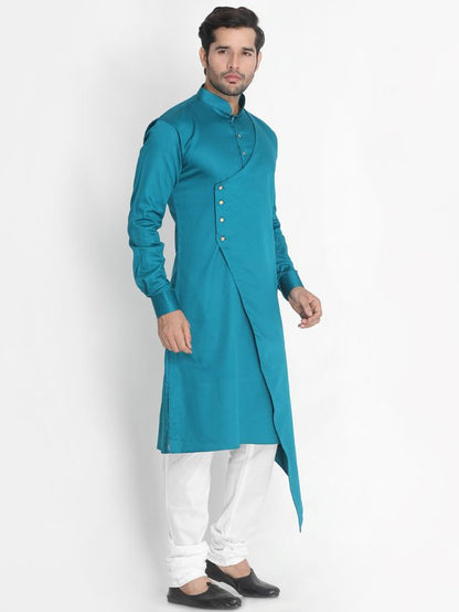 Men's Green Cotton Cotton Satin Asymmetric Kurta Pyjama Set