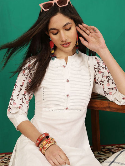 Indyancart SN Women's Embroidered Mandarin Collar Cotton Kurta With Trouser