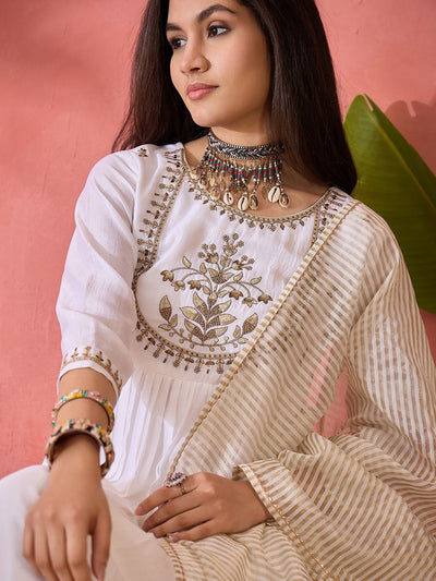 Indyancart SN Women's White Floral Embroidered Silk Blend A-Line Kurta With Trousers And Dupatta