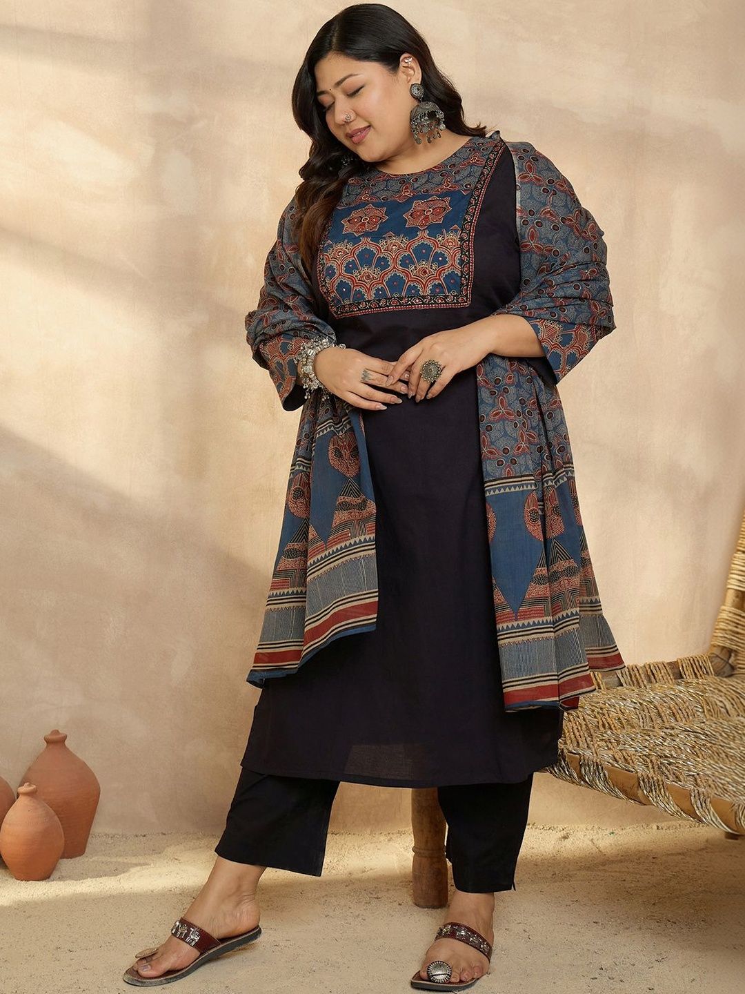 Indyancart Women's Ethnic Motifs Printed Regular Pure Cotton Kurta with Trousers & With Dupatta