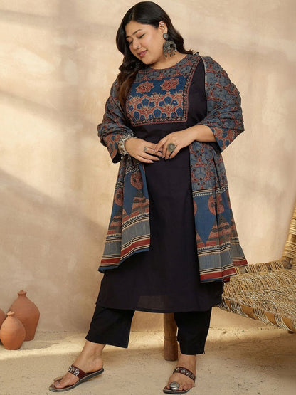 Indyancart Women's Ethnic Motifs Printed Regular Pure Cotton Kurta with Trousers & With Dupatta
