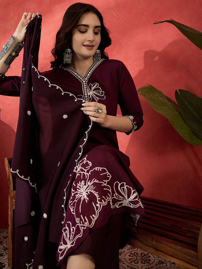 Indyancart SN Women's Embroidered V-Neck Kurta With Trousers & Scalped Dupatta