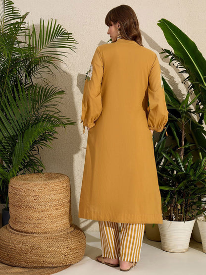 Adults-Women Woven Design Embroidered Cotton Kurta with Trousers