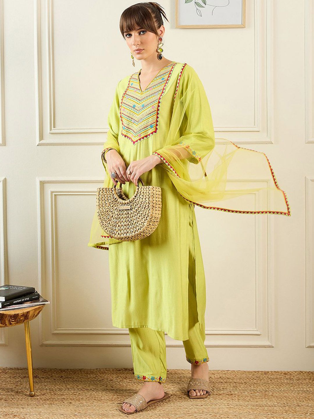 Indyancart IE Geometric Embroidered Thread Work Liva Straight Kurta With Trousers & Dupatta