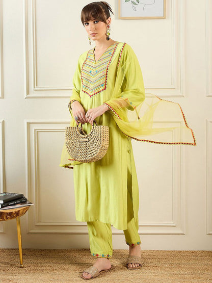 Indyancart IE Geometric Embroidered Thread Work Liva Straight Kurta With Trousers & Dupatta