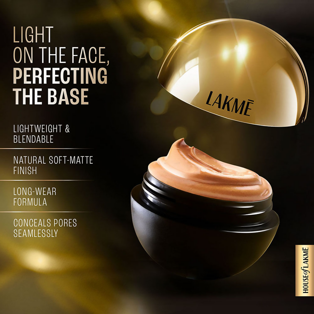Lakme Xtraordin Airy Mattreal Mousse beige honey face primer in a sleek container with a smooth, airy mousse texture.
