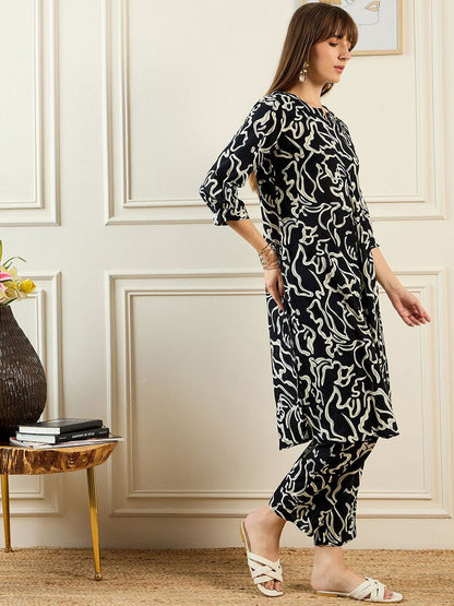 Indyancart IE Abstract Printed Pure Cotton Tunic With Trouser
