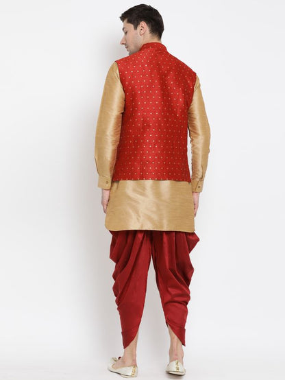 Men's Gold Silk Blend Straight Jacket  Kurta and Dhoti Set