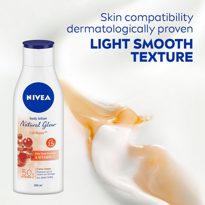 Nivea sunscreen and 50X Vitamin C body lotion bottles, hydrating skincare products with brightening and sun protection features.