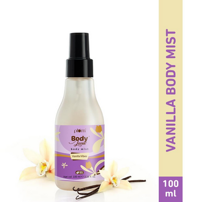 Plum BodyLovin Vanilla Vibes body mist bottle with a floral and vanilla-themed label, showcasing the product for body and skin care.