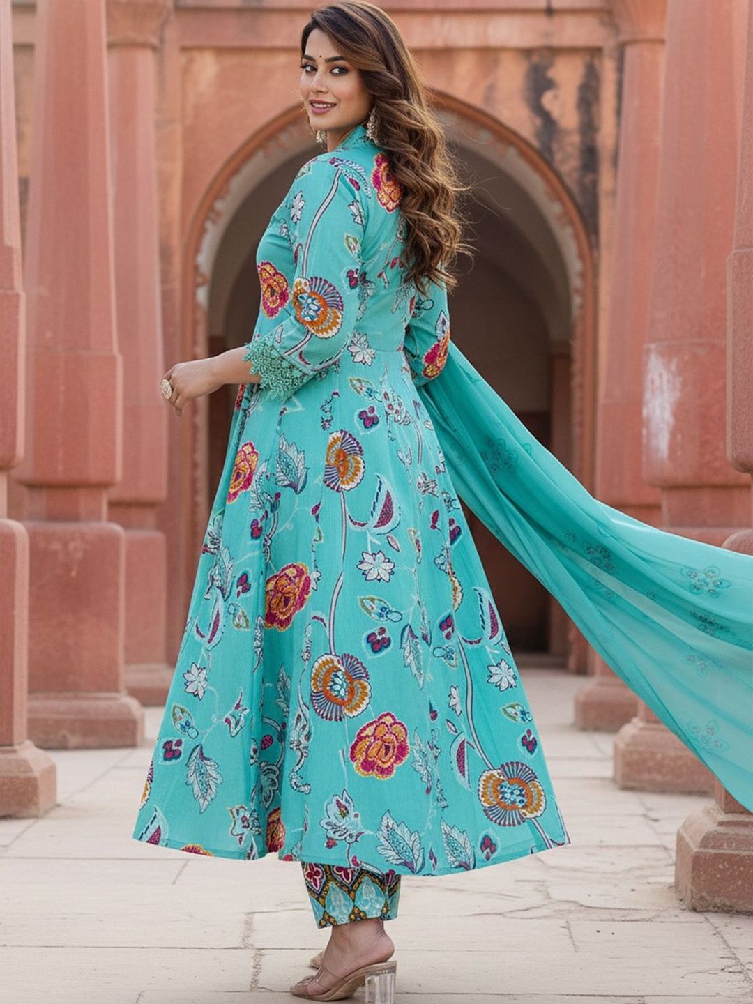 Floral Printed Tiered Mirror Work Pure Cotton Kurta With Trousers & Dupatta
