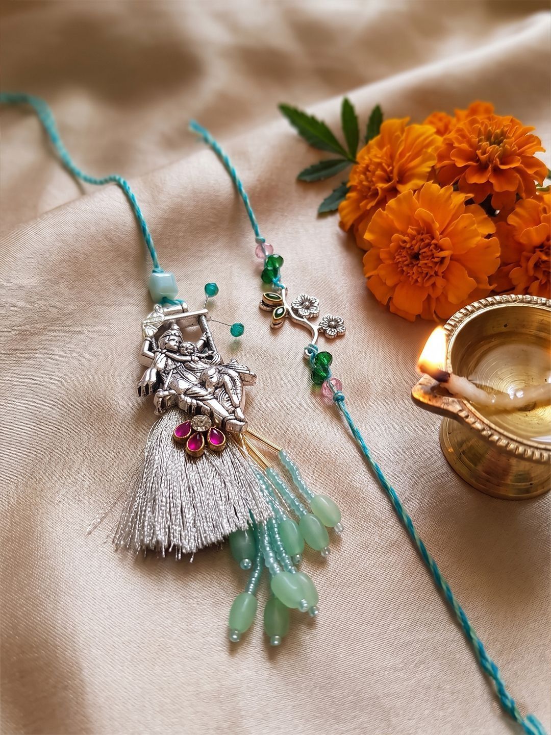 Anouk Set Of 2 Designer Religious Silver Toned Bhaiya Bhabhi Rakhi