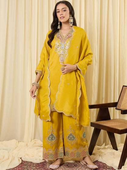 Indyancart IE Women Ethnic Motifs Embroidered Regular Sequinned Kurta with Palazzos & With Dupatta
