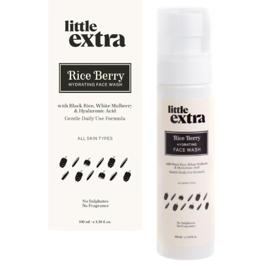 Little Extra Rice Berry Face Wash bottle with label, showcasing natural ingredients and gentle skincare for all skin types.