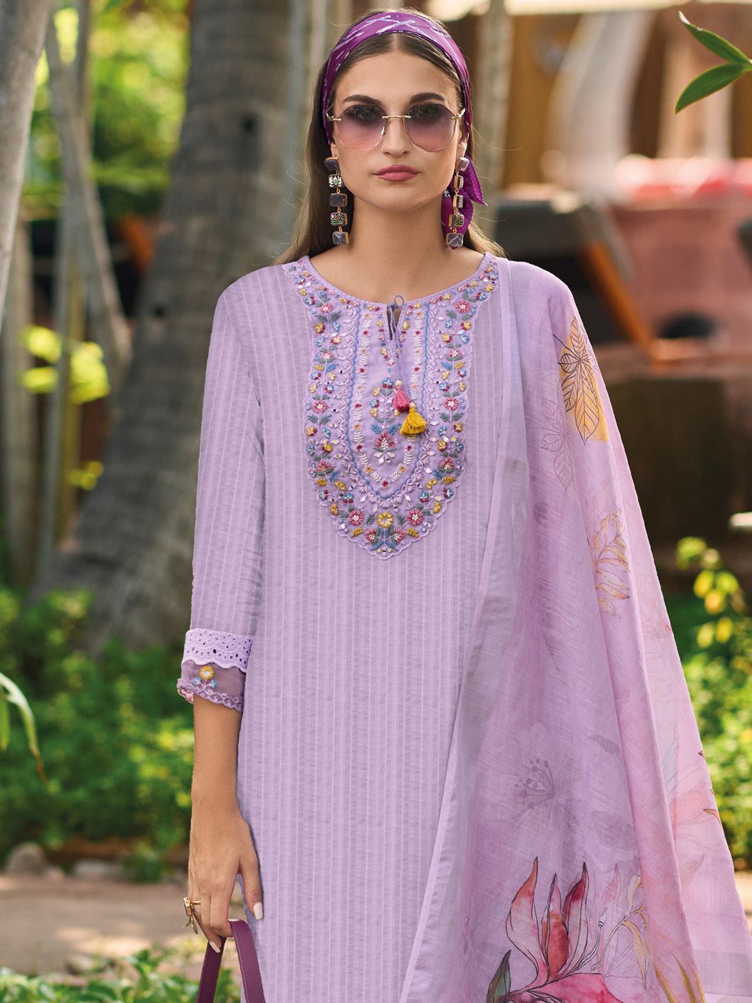 Indyancart IE Lavender Floral Embroidered Tie Up Neck Pure Cotton Kurta with Trousers & Dupatta