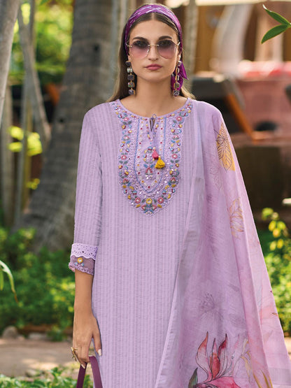 Indyancart IE Lavender Floral Embroidered Tie Up Neck Pure Cotton Kurta with Trousers & Dupatta