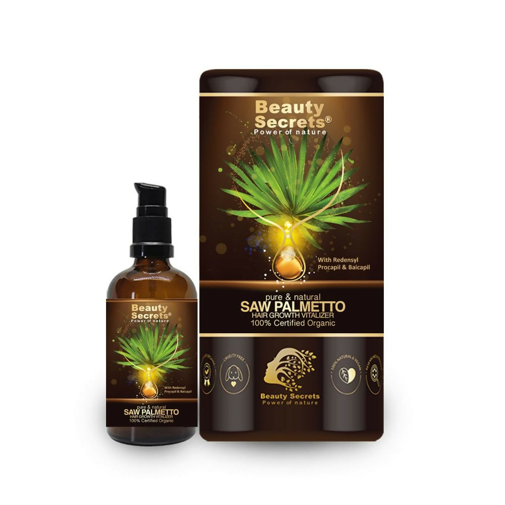 Beauty Secrets Saw Palmetto Hair Growth Serum bottle, a natural hair serum for promoting hair growth and scalp health.